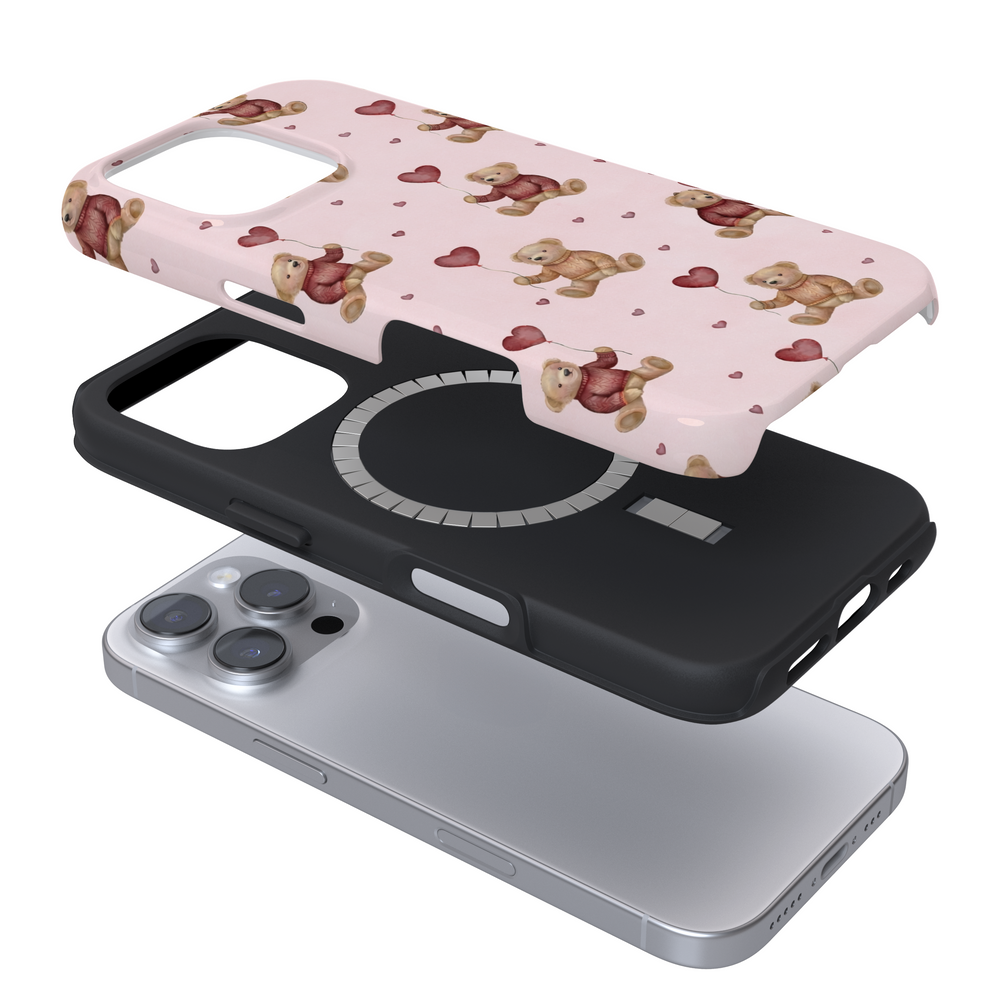 Expanded Magsafe pink phone case with teddy bear pattern on a white background