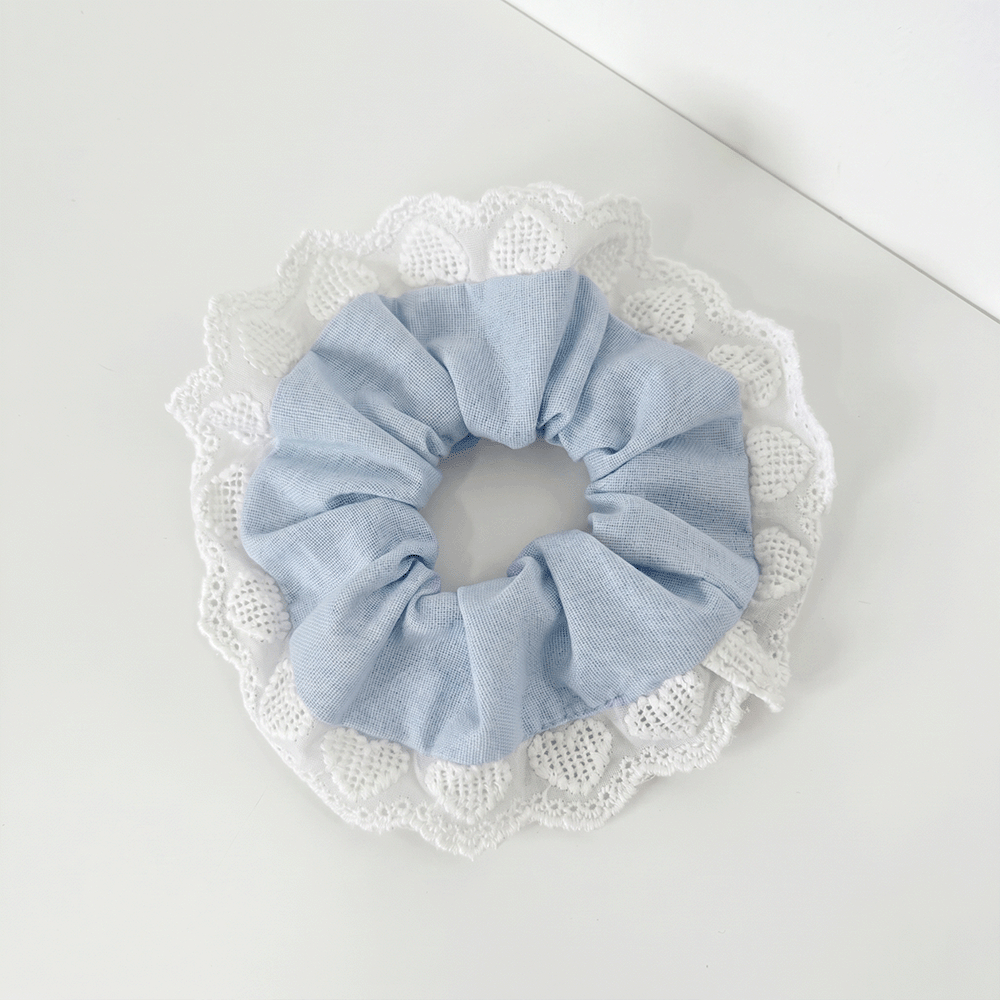 Light blue Scrunchie with heart lace edging. 