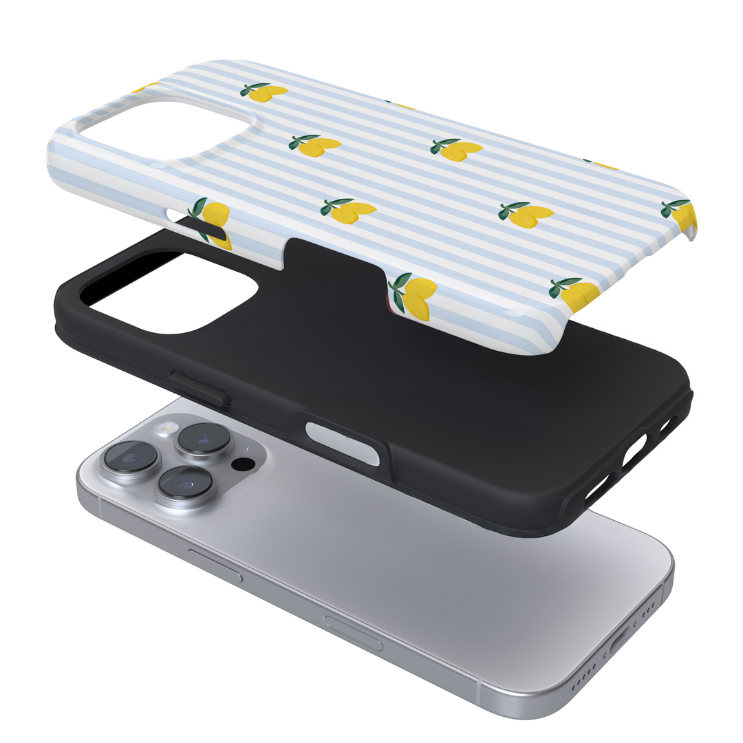 Expanded view of a phone case with a lemon and blue striped pattern on a white background