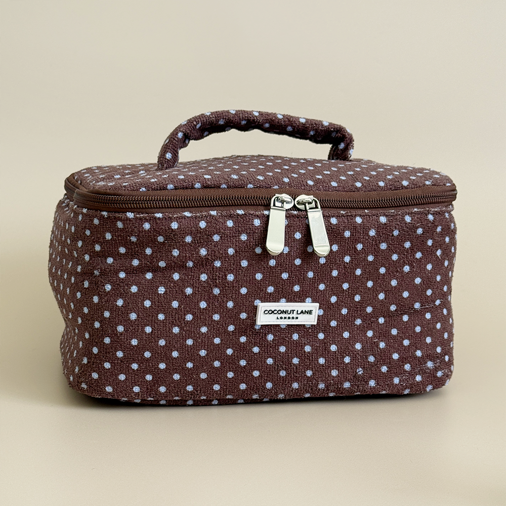Travel Towel Vanity Case - Brown & Blue Polka Dot