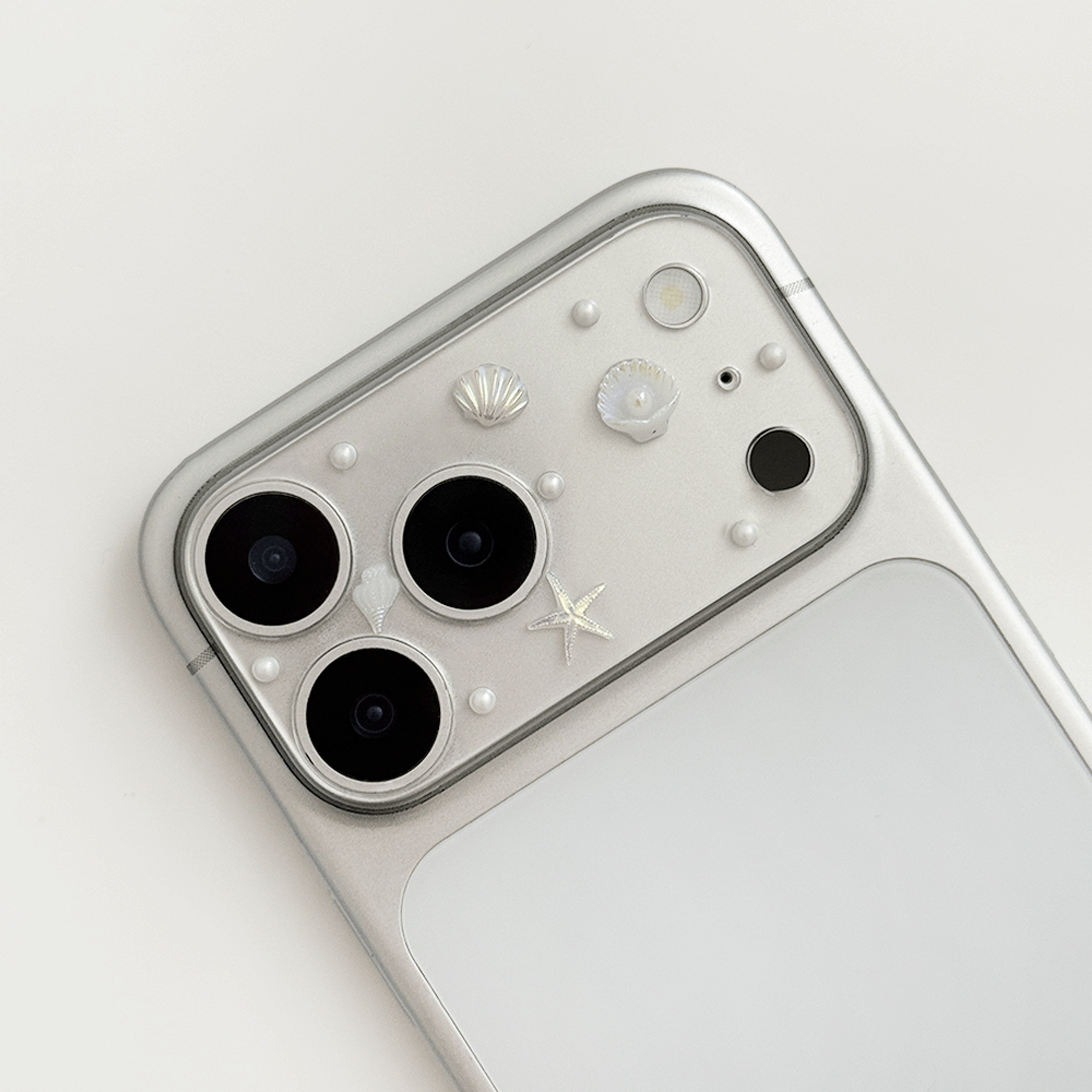 Clear Camera Lens Protector to fit iPhone 17 Pro or iPhone 17 Pro Max. Design features shells, pearls and starfish.