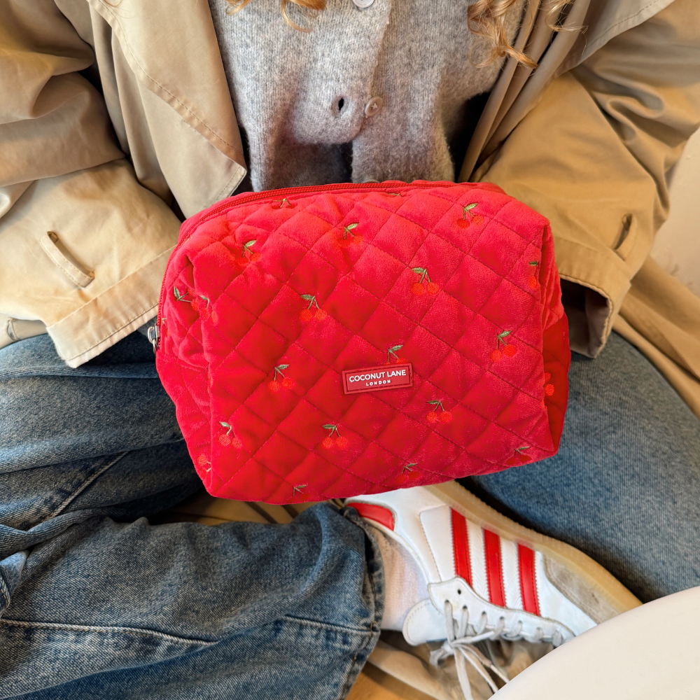 Quilted Cherry Velvet Makeup Bag