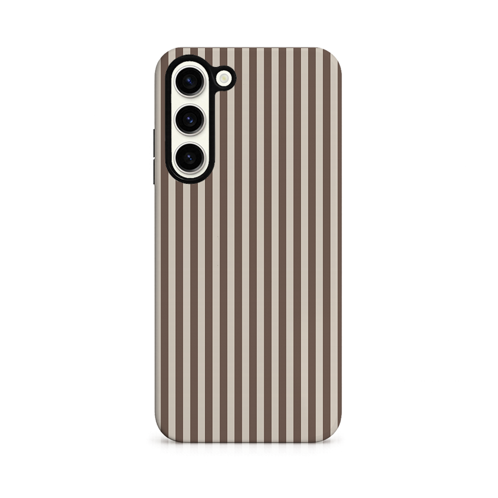 Phone case with a neutral vertical striped pattern on a white background