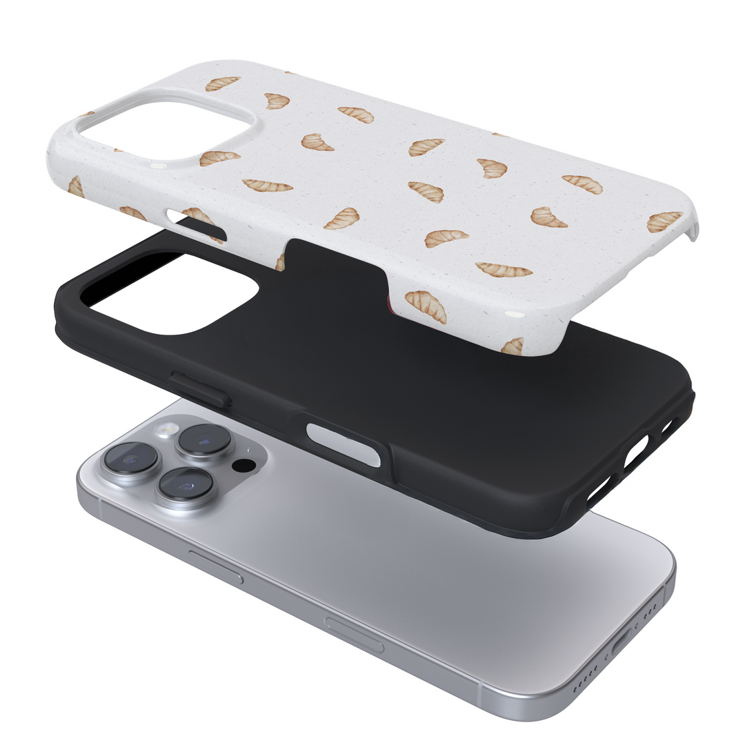 Expanded view of a phone case with a croissant pattern on a white background