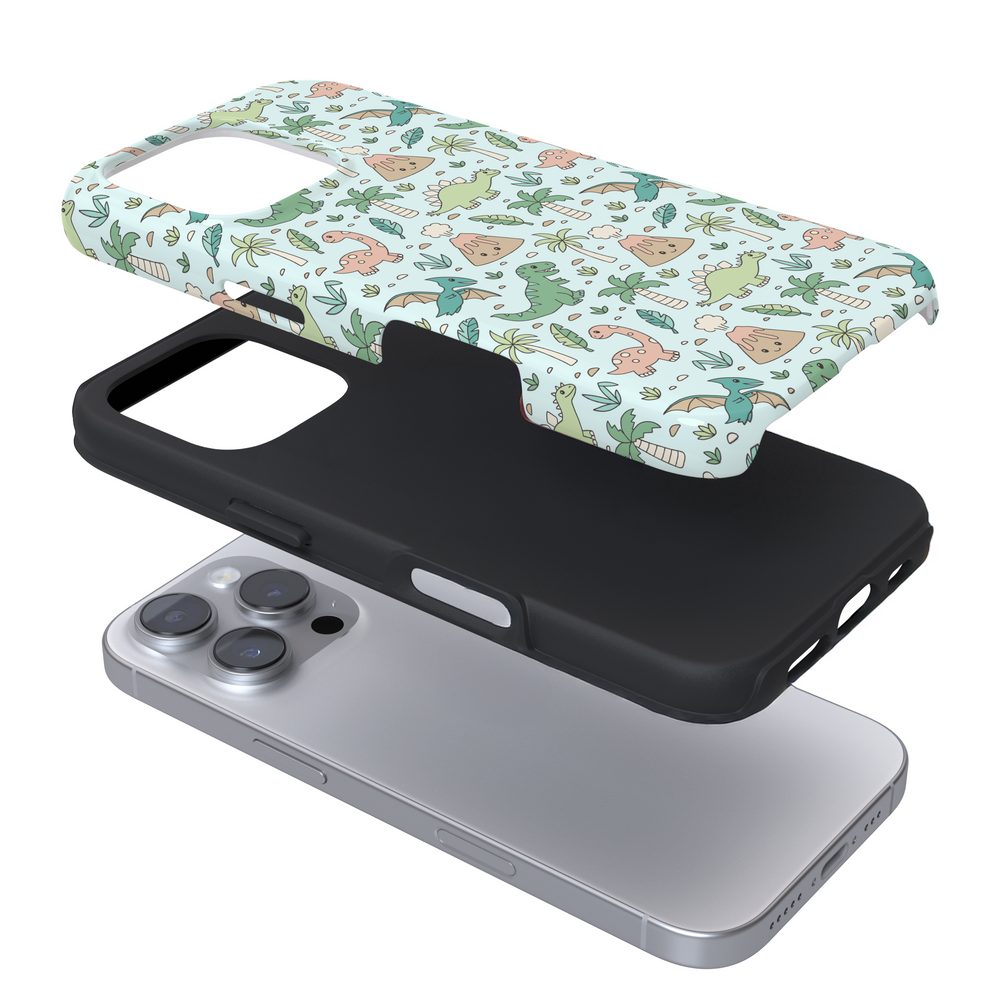 Expanded view of a phone case with dinosaur pattern on a white background
