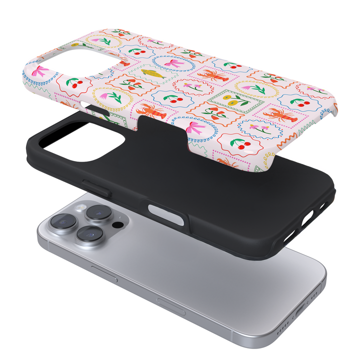 Expanded view of a phone case with a colourful pattern on a white background