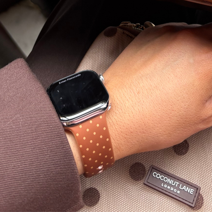 Dot Society Apple Watch Strap in Chocolate Brown. Brown watch strap with polka dot design.