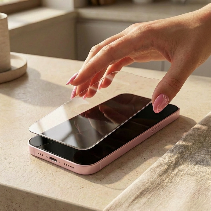 Girl placing screen protector onto pink iPhone screen