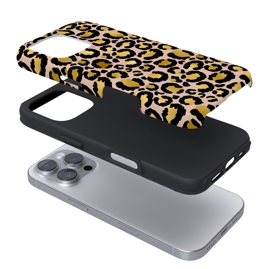 Expanded view of a phone case with a gold leopard printed on a white background