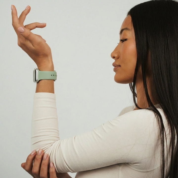 Girl posing picture close up of Sage Green NAKD Watch Strap