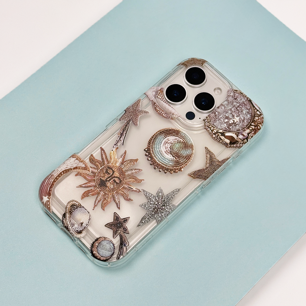 Clear Phone Case with celestial design on a light blue background.