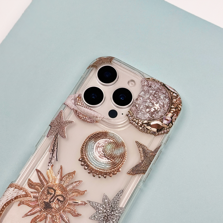 Phone Case with celestial design on a light blue background.