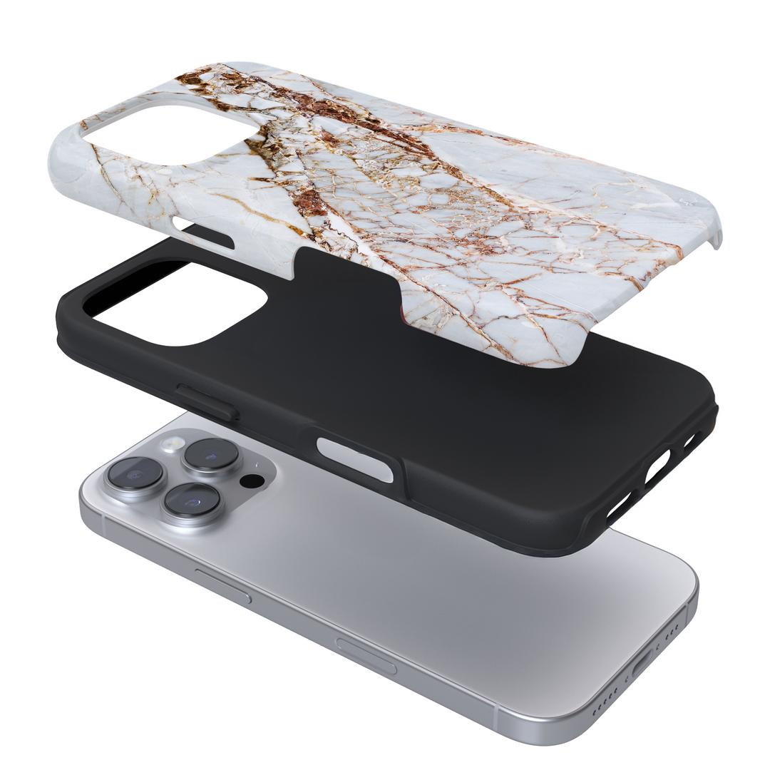 Expanded view of a phone case with a gold marble printed on a white background