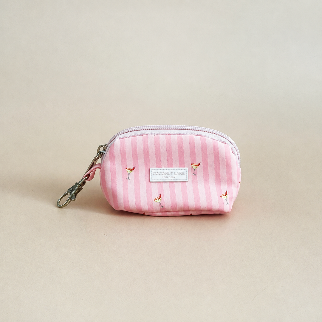 Pink stripe small keyring pouch with margarita print and keyring loop.