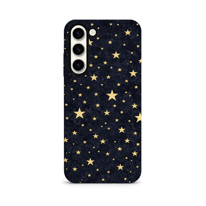 Phone case with gold star pattern on a black background