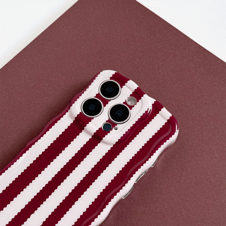 Burgundy and light pink striped Phone Case with wavy edging, Phone Case covers and protects camera area.