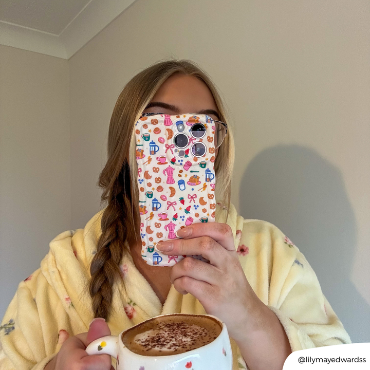 Girl taking selfie with coffee and Wavy Breakfast Club Phone Case in butter yellow dressing gown with flowers