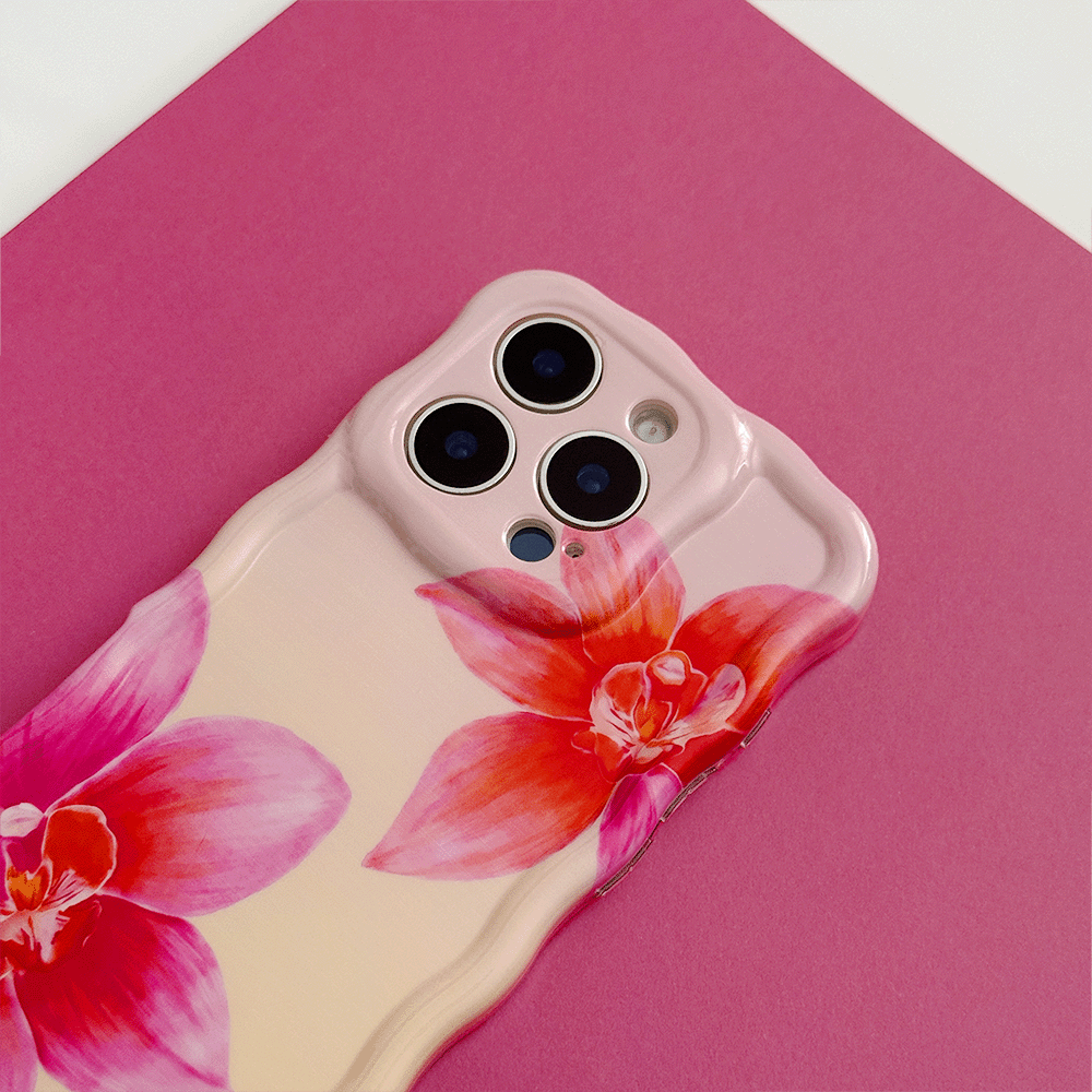 Pink and peach ombre Wavy Coconut Lane Phone Case with bright pink flower design.
