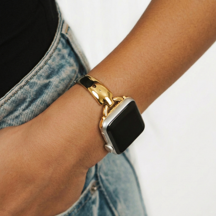 Gold Bangle Watch Strap on wrist in jeans pocket